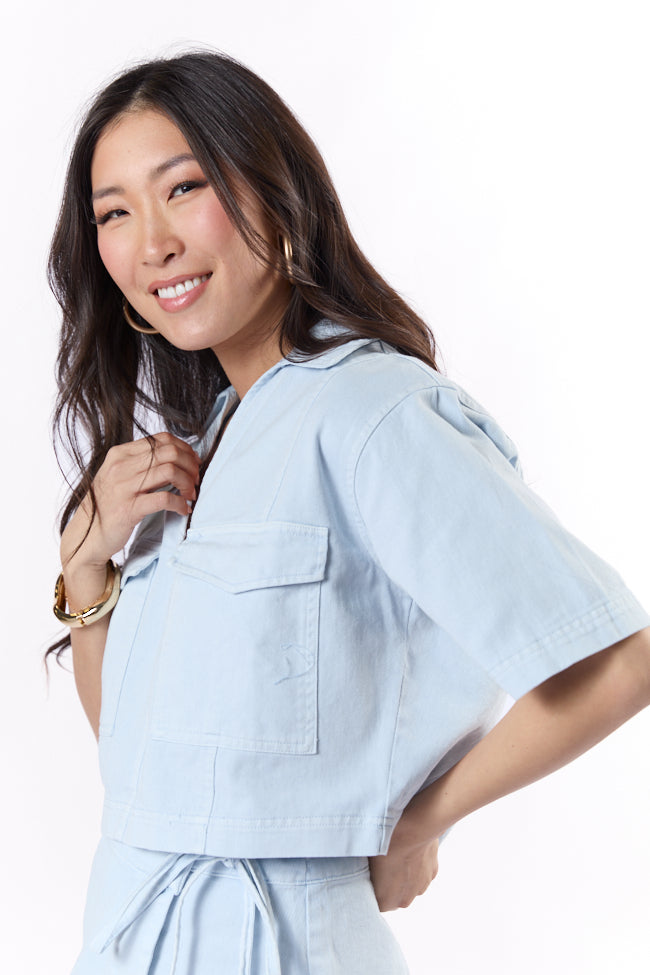 New Ways Ice Blue Cropped Denim Top FINAL SALE-Sunny Prom