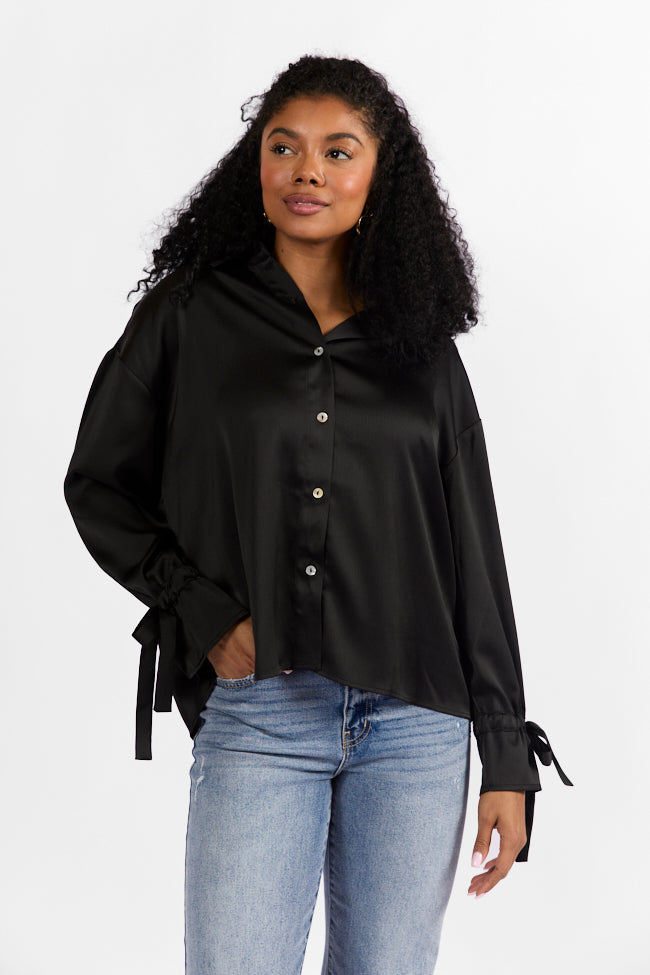 Think It Through Black Bow Cuff Satin Button Down Shirt FINAL SALE-Sunny Prom