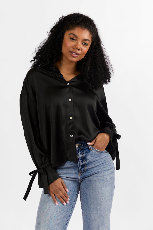 Think It Through Black Bow Cuff Satin Button Down Shirt FINAL SALE-Sunny Prom
