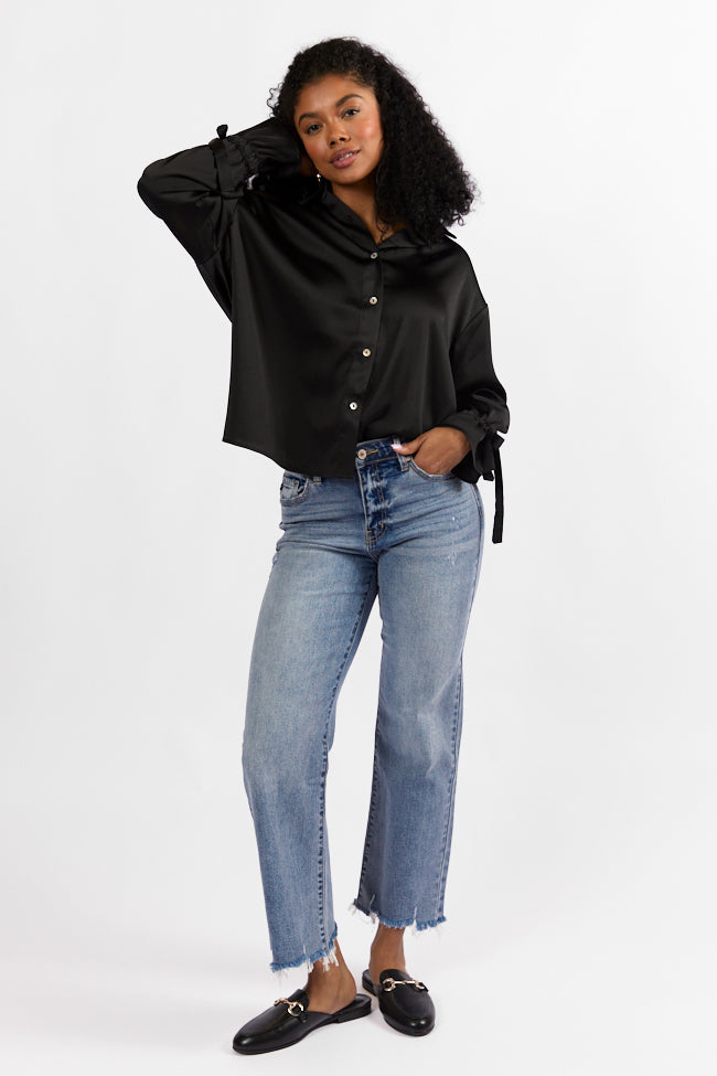 Think It Through Black Bow Cuff Satin Button Down Shirt FINAL SALE-Sunny Prom
