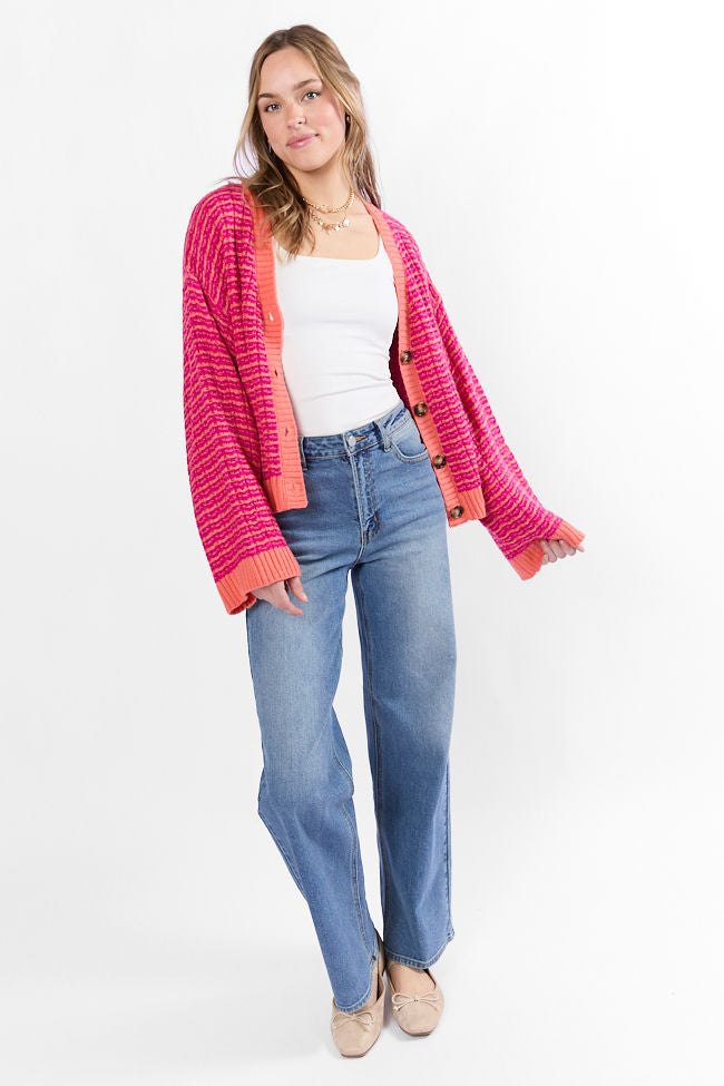 Triple Take Pink and Orange Woven Textured Knit Cardigan FINAL SALE-Sunny Prom