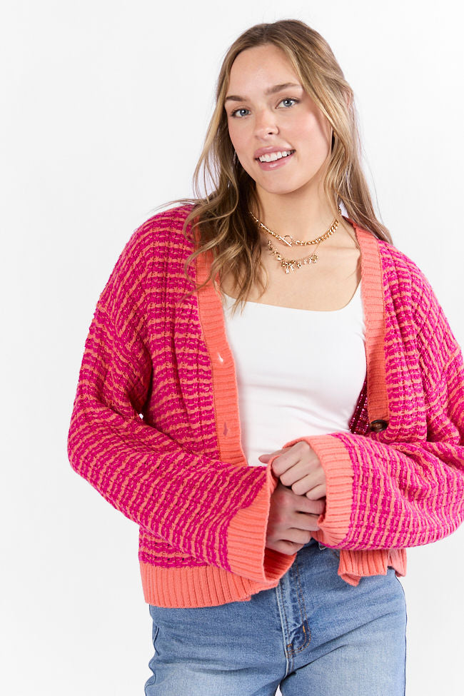Triple Take Pink and Orange Woven Textured Knit Cardigan FINAL SALE-Sunny Prom