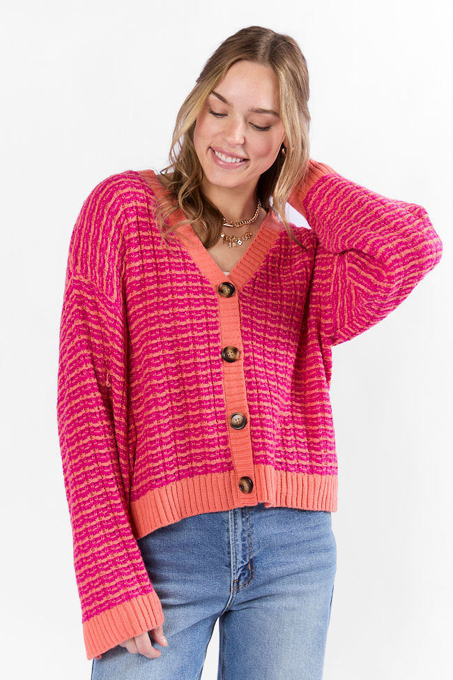 Triple Take Pink and Orange Woven Textured Knit Cardigan FINAL SALE-Sunny Prom