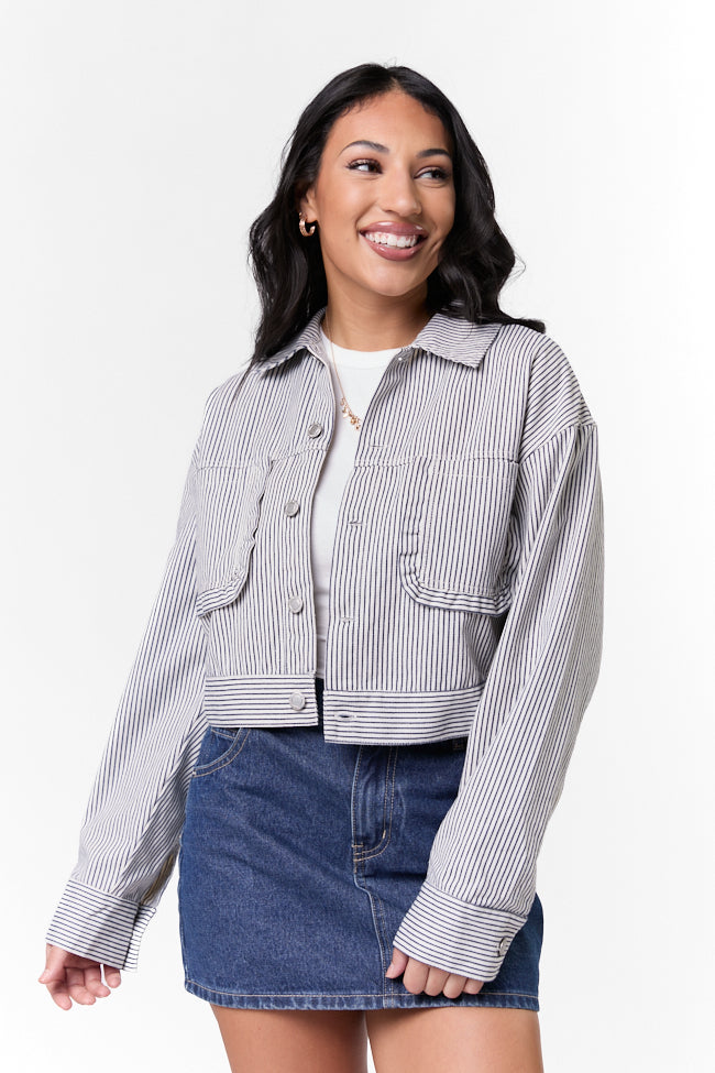 Say It Again Navy Striped Denim Jacket FINAL SALE-Sunny Prom