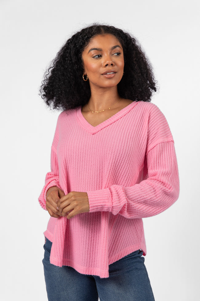 Idle Hands Pink Waffle Knit V-Neck Oversized Knit Top FINAL SALE-Sunny Prom