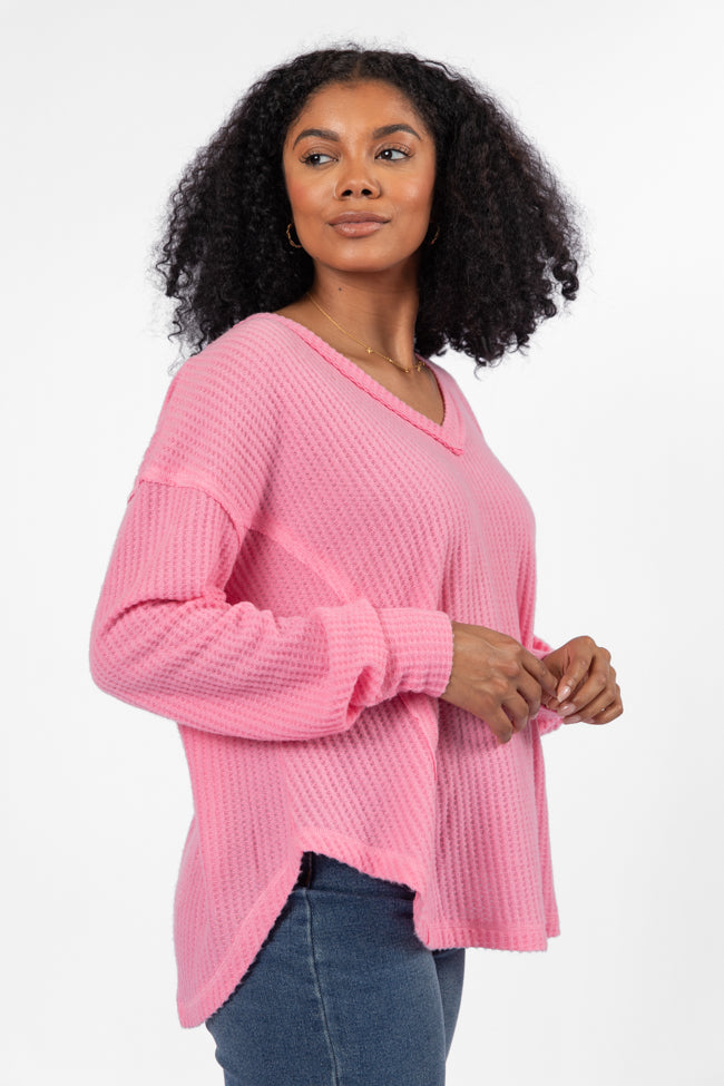 Idle Hands Pink Waffle Knit V-Neck Oversized Knit Top FINAL SALE-Sunny Prom