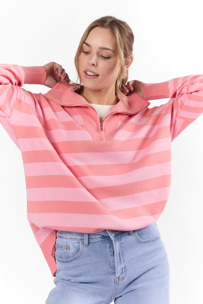 Pulling Heartstrings Coral Multi Stripe Quarter Zip Pullover FINAL SALE-Sunny Prom