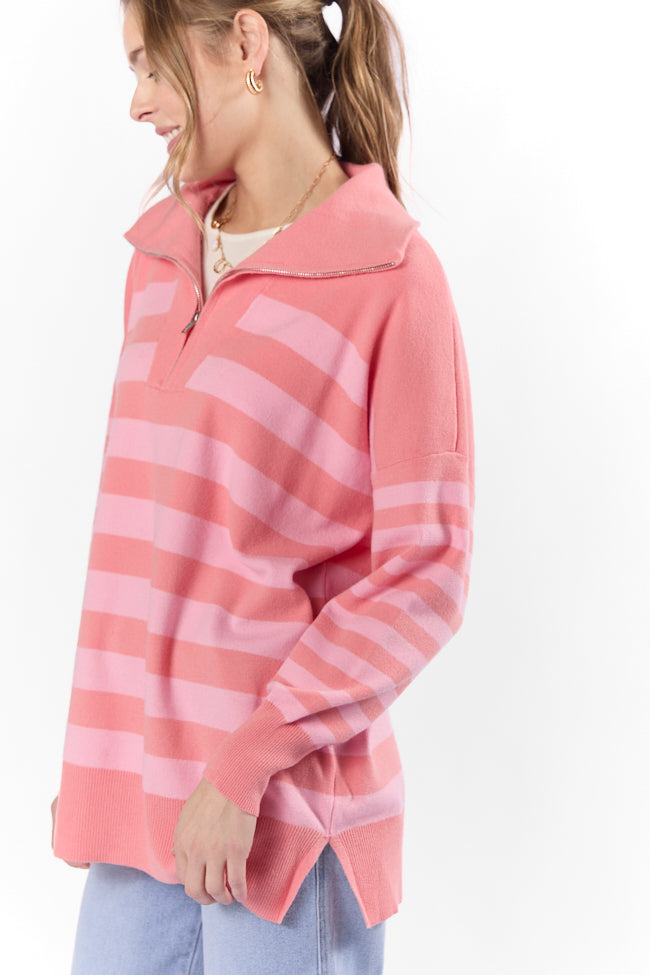 Pulling Heartstrings Coral Multi Stripe Quarter Zip Pullover FINAL SALE-Sunny Prom