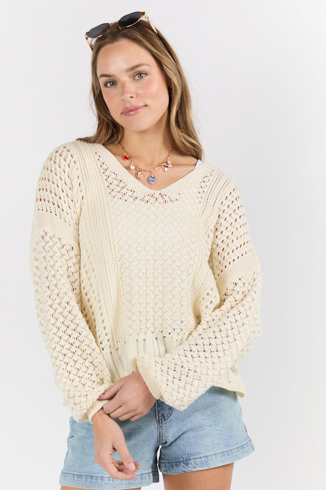 Morning Markets Cream Open Knit V-Neck Sweater FINAL SALE-Sunny Prom