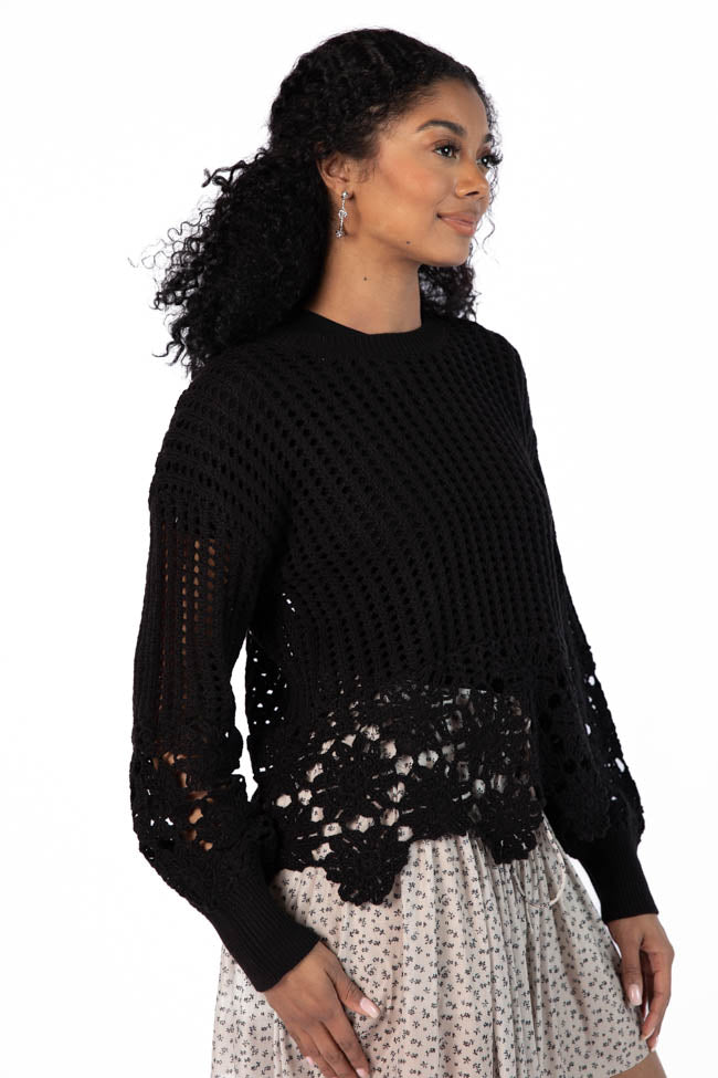 A Little Dramatic Black Flower Trim Crochet Sweater-Sunny Prom