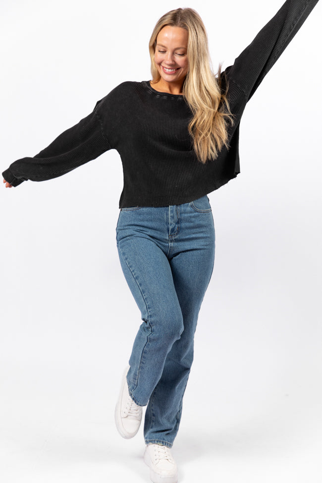 Fun and Games Black Acid Washed Waffle Long Sleeve Tee FINAL SALE-Sunny Prom