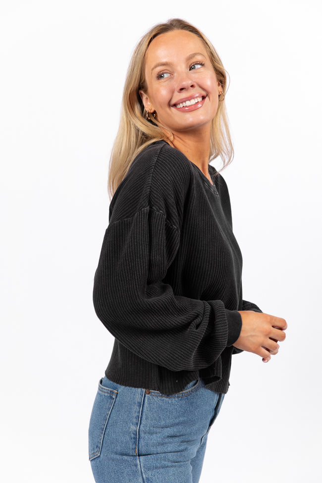 Fun and Games Black Acid Washed Waffle Long Sleeve Tee FINAL SALE-Sunny Prom