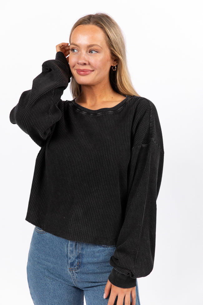 Fun and Games Black Acid Washed Waffle Long Sleeve Tee FINAL SALE-Sunny Prom