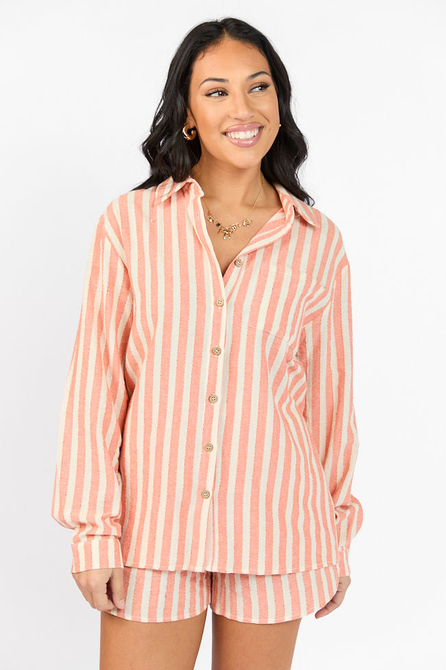 With The Tide Coral Striped Button Up Top FINAL SALE-Sunny Prom