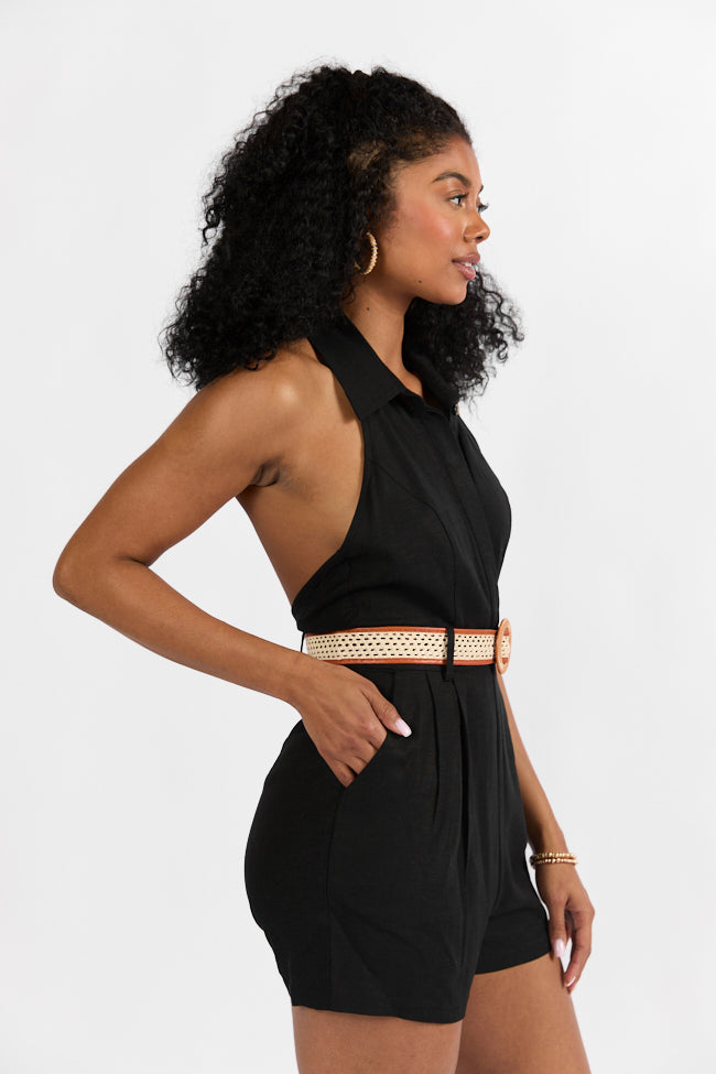Five Star Black Collared Romper With Belt Detail FINAL SALE-Sunny Prom