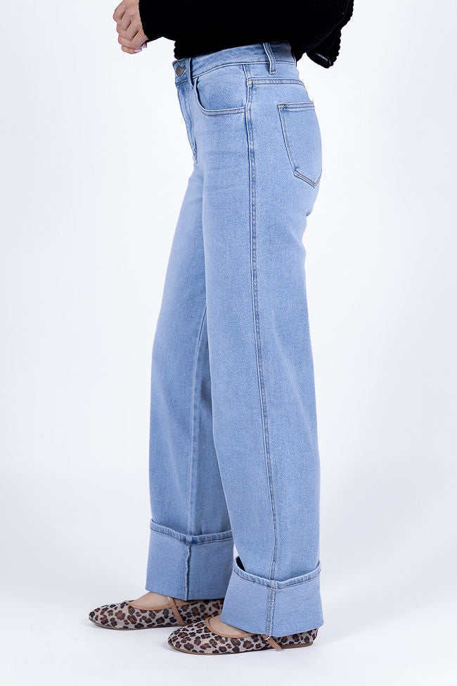 Camila Light Wash Wide Leg Cuffed Jeans FINAL SALE-Sunny Prom