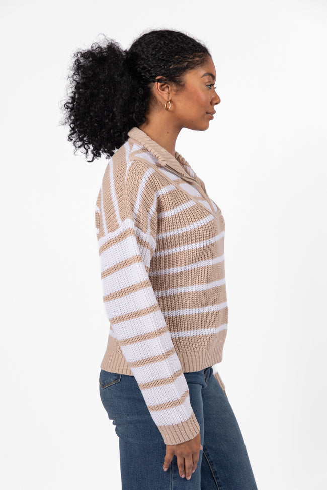 Worth Melting For Beige Striped Color Block Quarter Zip Pullover Sweater FINAL SALE-Sunny Prom