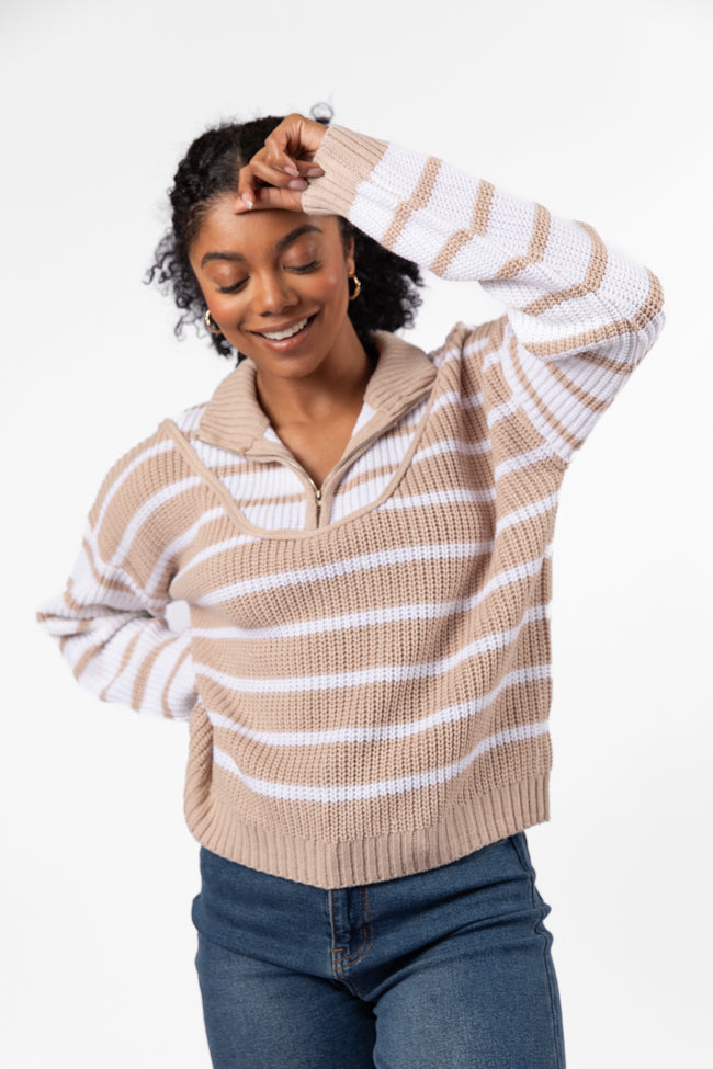 Worth Melting For Beige Striped Color Block Quarter Zip Pullover Sweater FINAL SALE-Sunny Prom