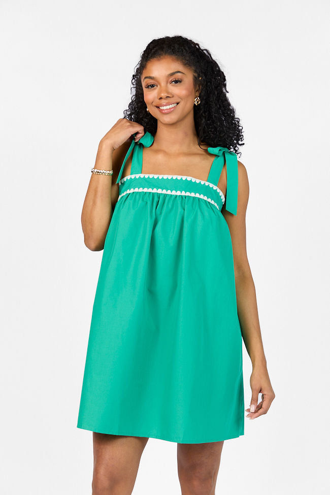 Better This Way Green Tie Shoulder Stitched Trim Mini Dress FINAL SALE-Sunny Prom