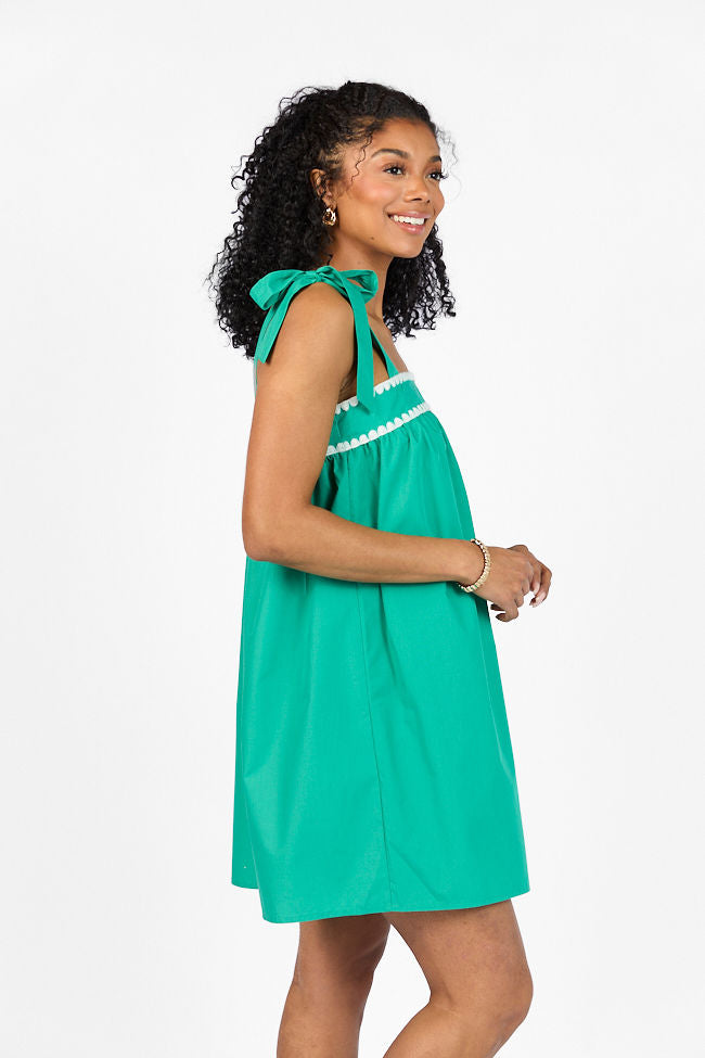 Better This Way Green Tie Shoulder Stitched Trim Mini Dress FINAL SALE-Sunny Prom