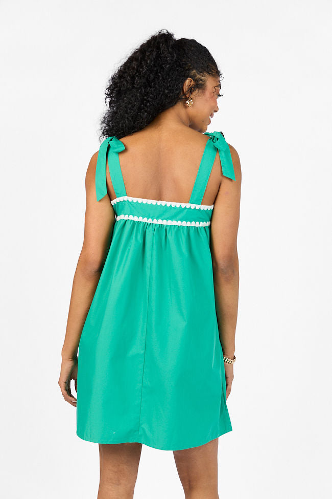 Better This Way Green Tie Shoulder Stitched Trim Mini Dress FINAL SALE-Sunny Prom