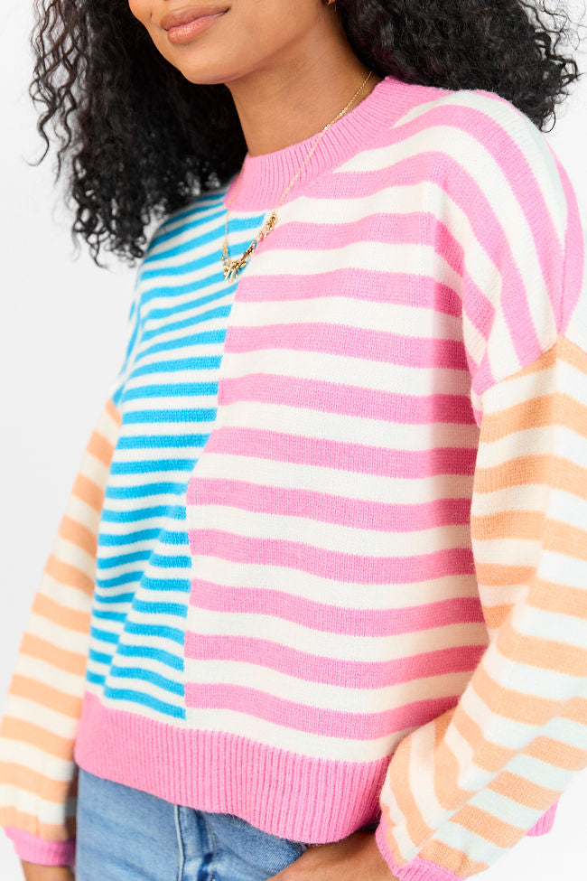 Delightful Days Blue, Pink, and Orange Multi Color Block Striped Sweater FINAL SALE-Sunny Prom
