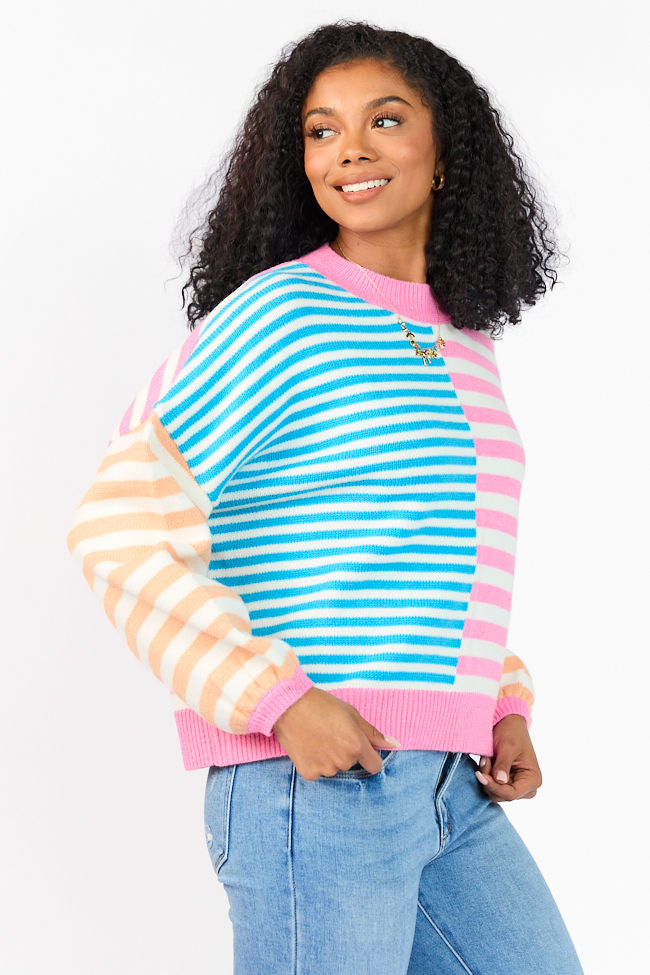 Delightful Days Blue, Pink, and Orange Multi Color Block Striped Sweater FINAL SALE-Sunny Prom