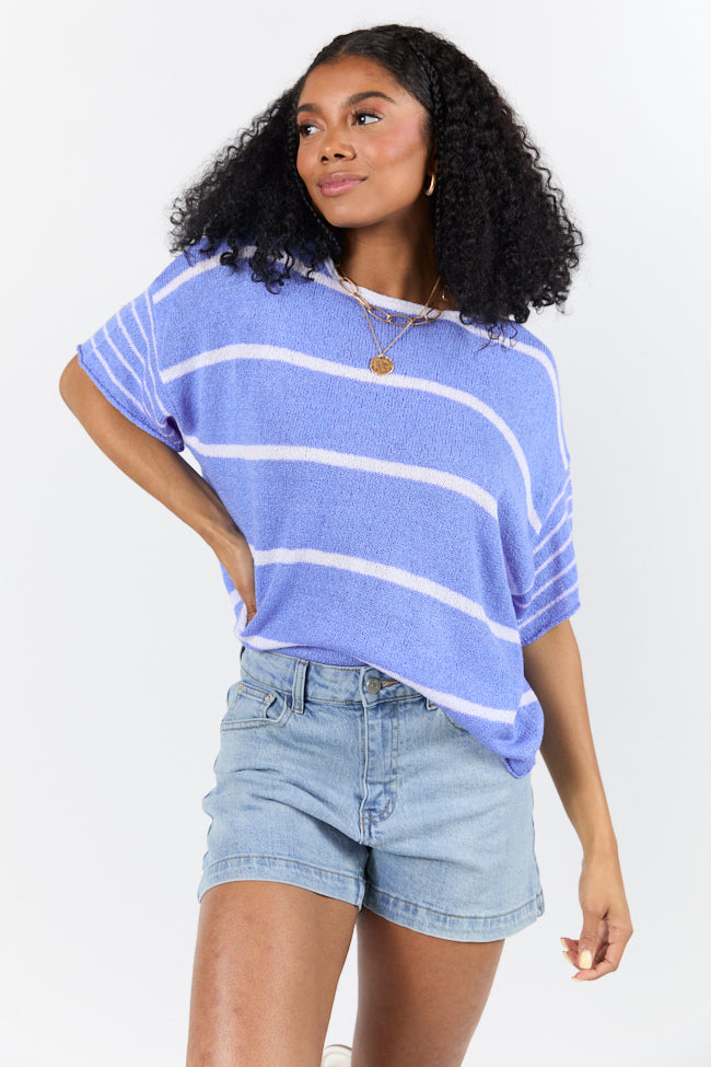 Wear It Well Blue And Ivory Striped Sweater T-Shirt FINAL SALE-Sunny Prom