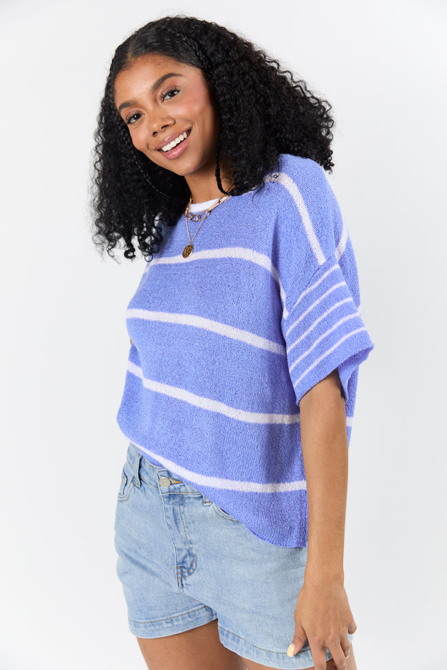 Wear It Well Blue And Ivory Striped Sweater T-Shirt FINAL SALE-Sunny Prom