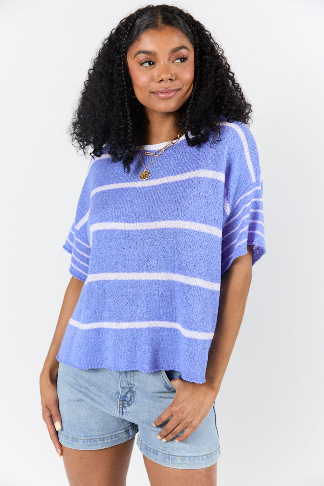 Wear It Well Blue And Ivory Striped Sweater T-Shirt FINAL SALE-Sunny Prom