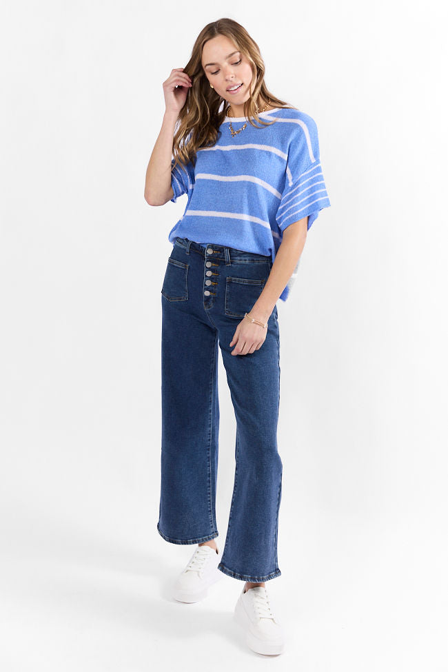 Wear It Well Blue And Ivory Striped Sweater T-Shirt FINAL SALE-Sunny Prom