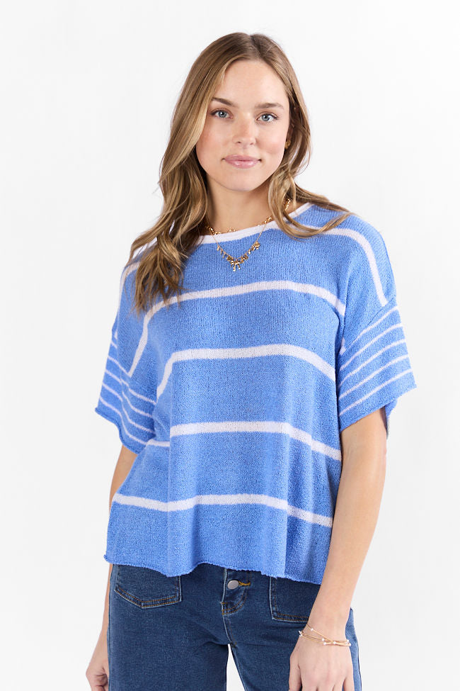 Wear It Well Blue And Ivory Striped Sweater T-Shirt FINAL SALE-Sunny Prom