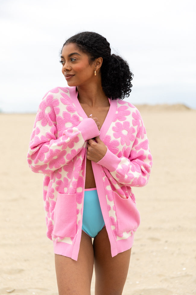 Better Believe It Pink Floral Print Terry Cloth Cardigan FINAL SALE-Sunny Prom