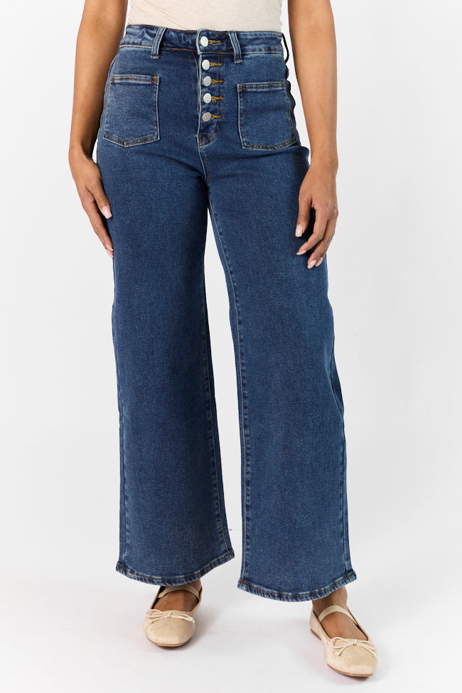 Sutton Dark Wash Wide Leg Patch Pocket Jeans SALE-Sunny Prom