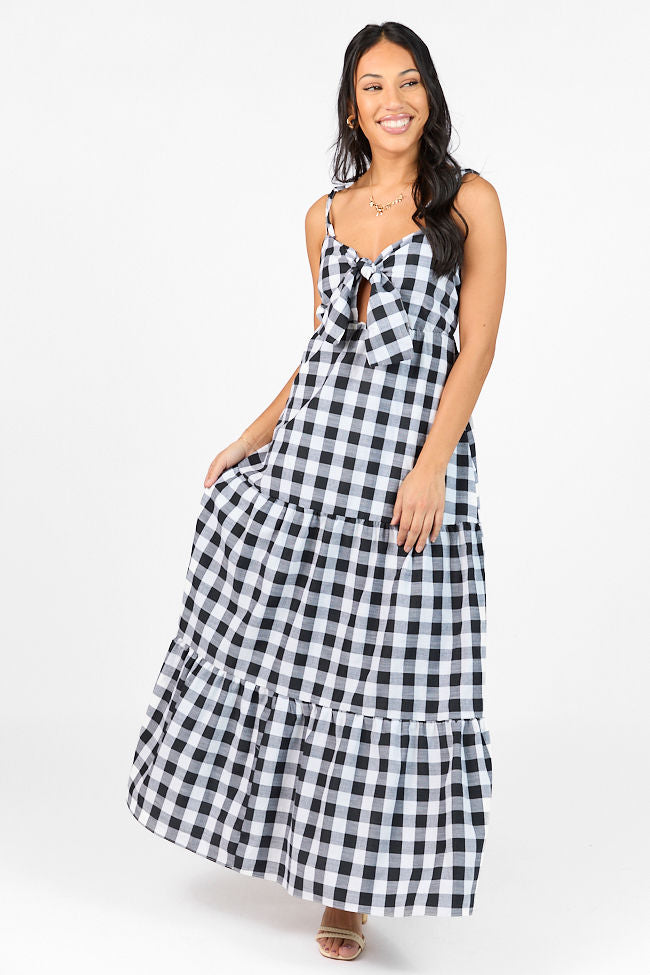 Checked Out Black and White Gingham Tie Front Maxi Dress FINAL SALE-Sunny Prom