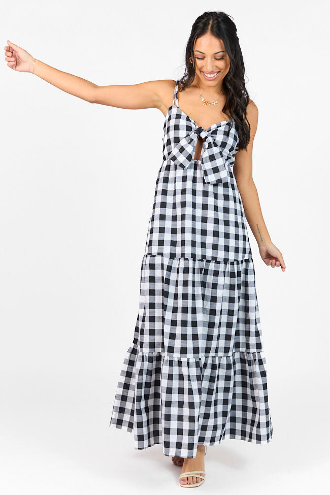 Checked Out Black and White Gingham Tie Front Maxi Dress FINAL SALE-Sunny Prom