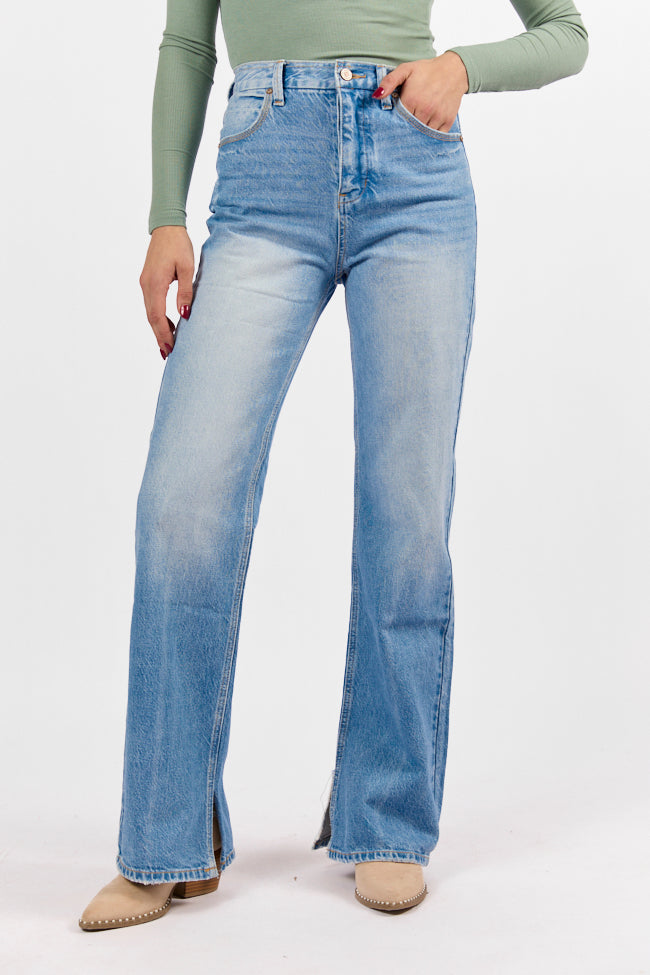 Emily Light Wash 90's Flare Split Hem Wide Leg Jeans SALE-Sunny Prom