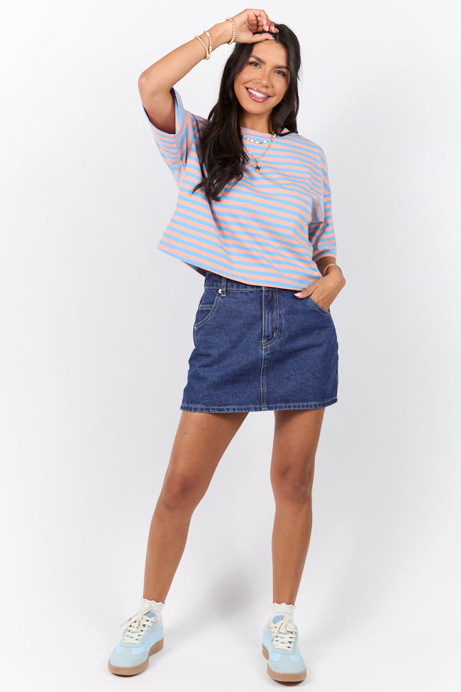 Keep It Casual Blue and Coral Multi Boxy Striped Tee SALE-Sunny Prom