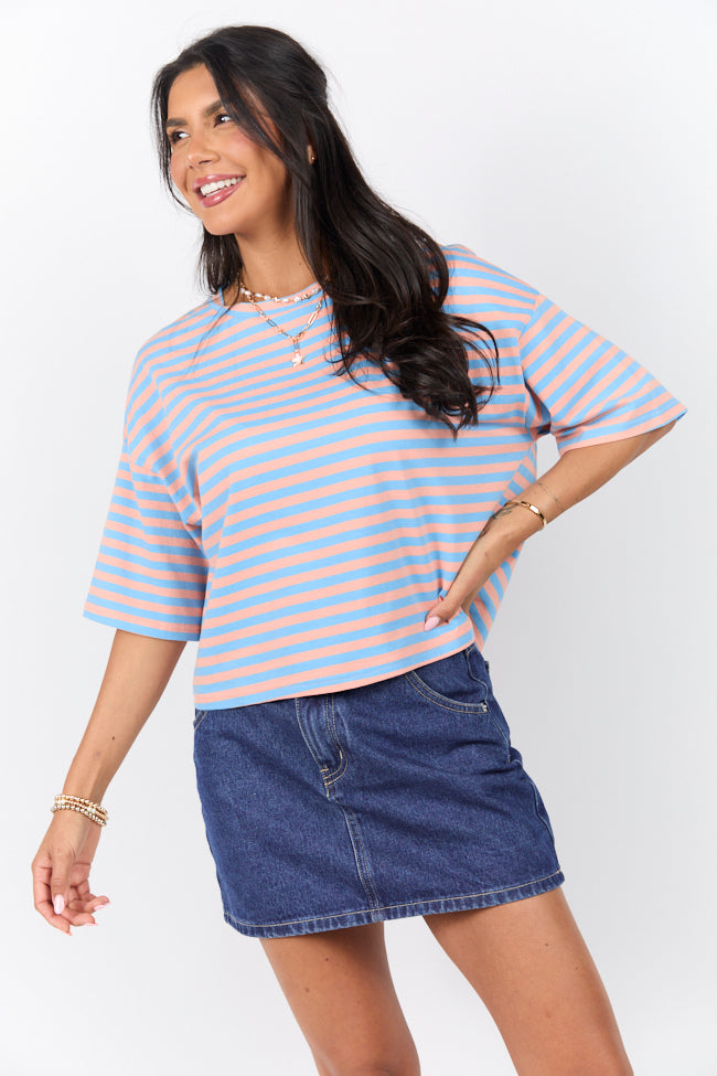 Keep It Casual Blue and Coral Multi Boxy Striped Tee SALE-Sunny Prom