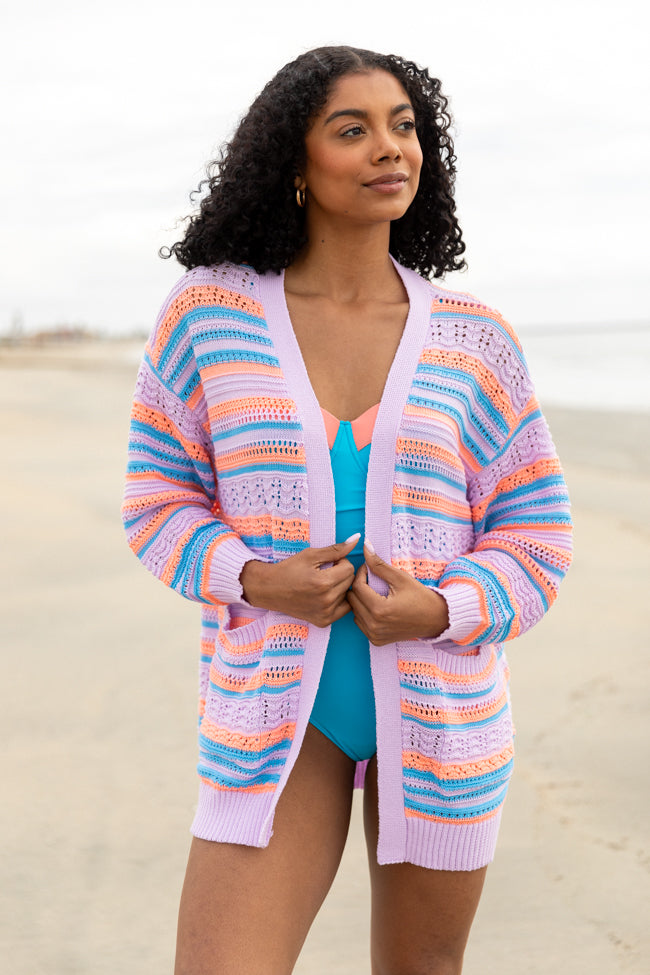 Pass On By Purple Multi Striped Open Knit Cardigan FINAL SALE-Sunny Prom