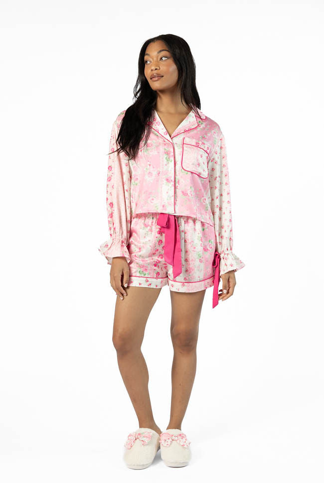 Don't Wake Me Up Pink Multi Floral Satin Pajama Shorts SALE-Sunny Prom