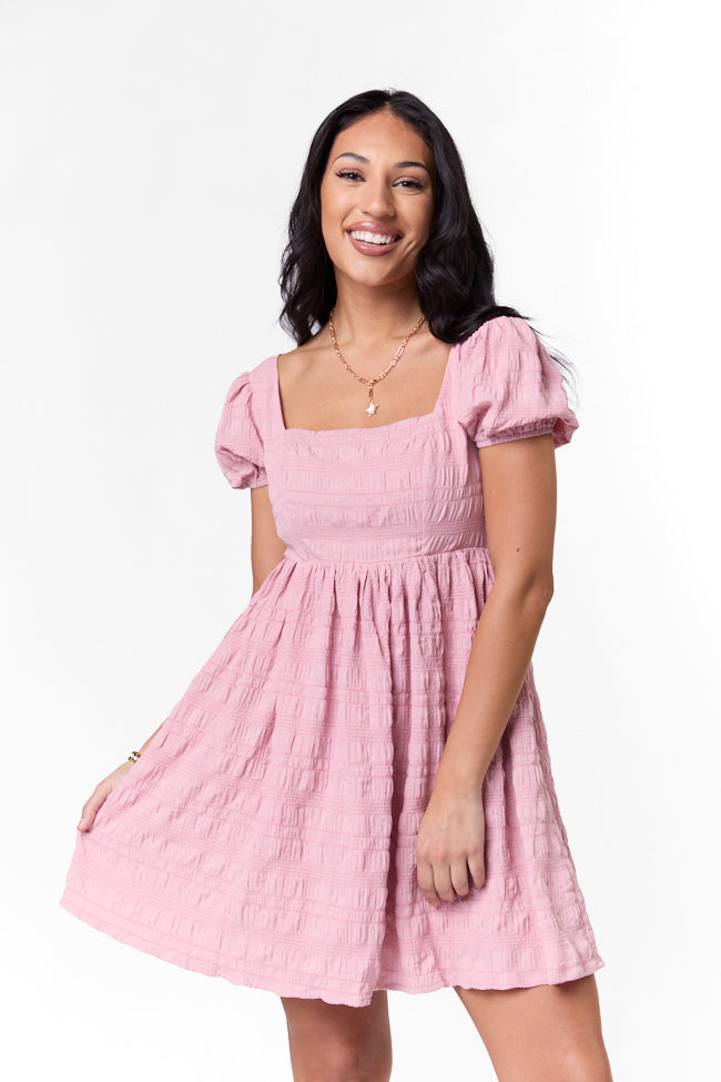 Breezing By Pink Textured Square Neck Mini Dress SALE-Sunny Prom