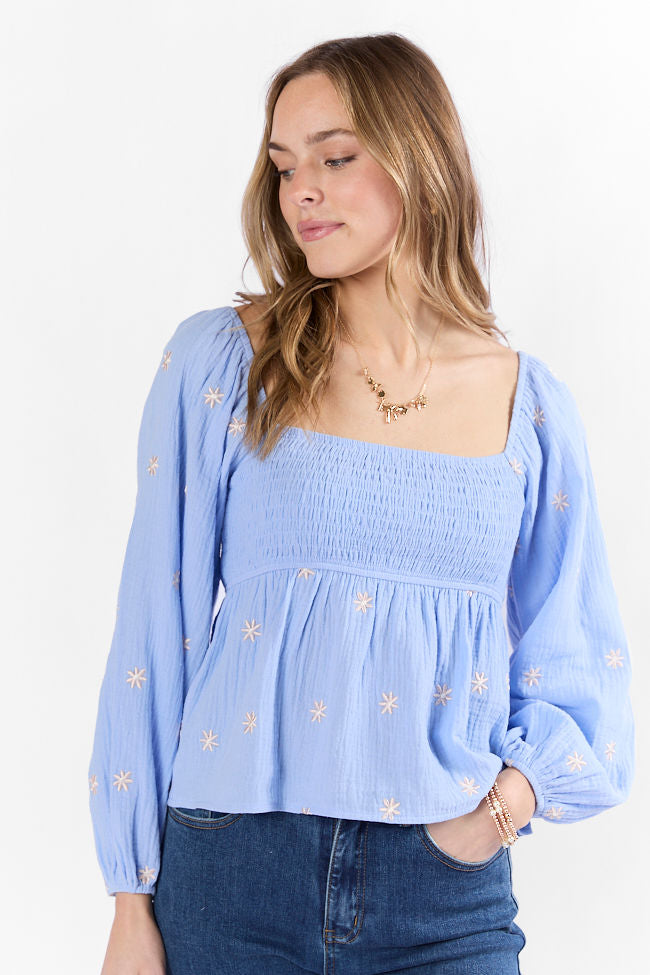 Darling Days Blue Floral Embroidered Gauze Top-Sunny Prom