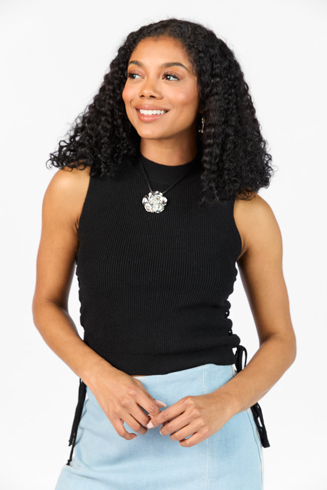 Strike The Right Note Black Corset Side Detail Sweater Tank-Sunny Prom