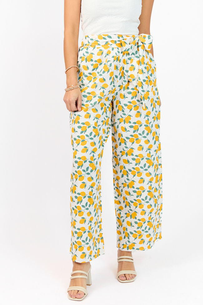 Main Squeeze Ivory Lemon Print Belted Wide Leg Pants FINAL SALE-Sunny Prom