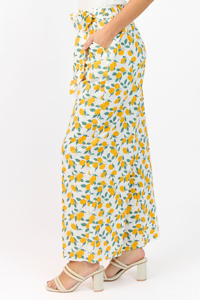 Main Squeeze Ivory Lemon Print Belted Wide Leg Pants FINAL SALE-Sunny Prom