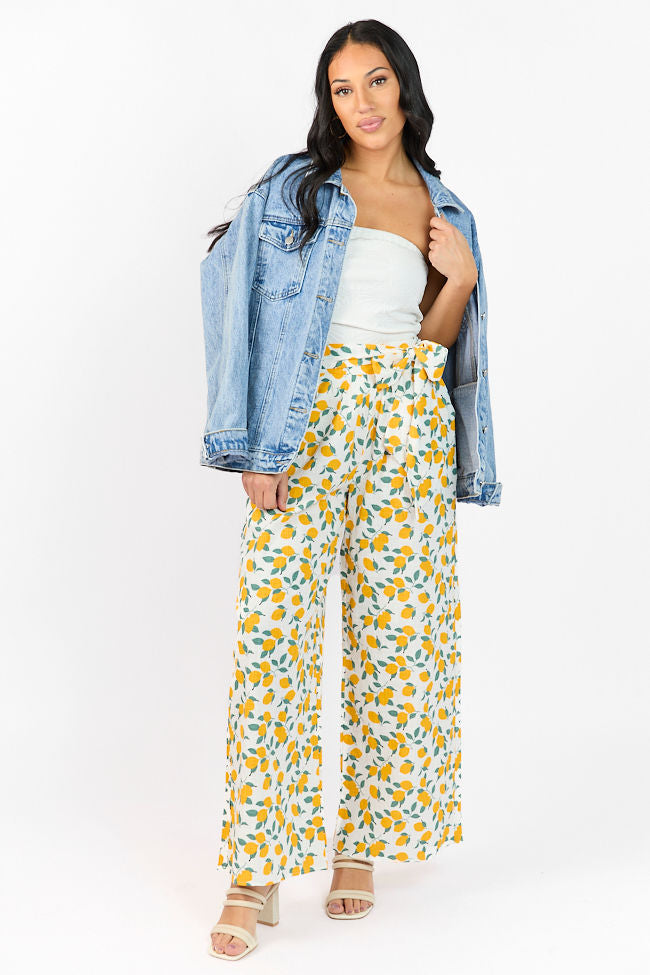 Main Squeeze Ivory Lemon Print Belted Wide Leg Pants FINAL SALE-Sunny Prom