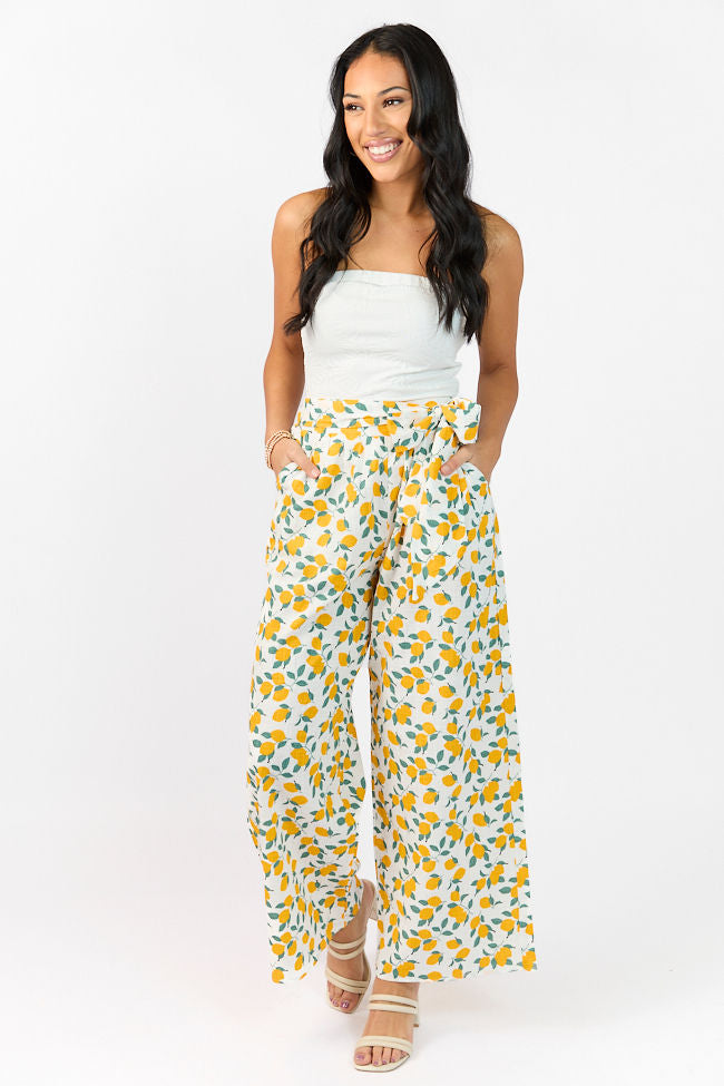 Main Squeeze Ivory Lemon Print Belted Wide Leg Pants FINAL SALE-Sunny Prom