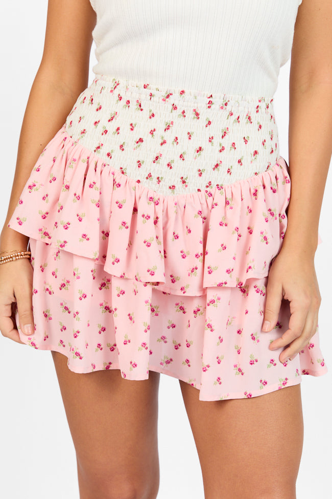 Special Day Ivory and Pink Multi Floral Color Block Tiered Skort FINAL SALE-Sunny Prom