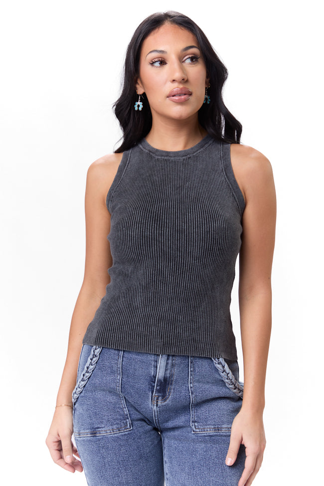 Back To Square One Charcoal Acid Washed Ribbed High Neck Tank-Sunny Prom